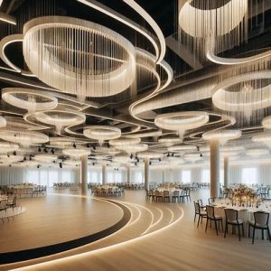 modern wedding venue with sleek, minimalist chandeliers