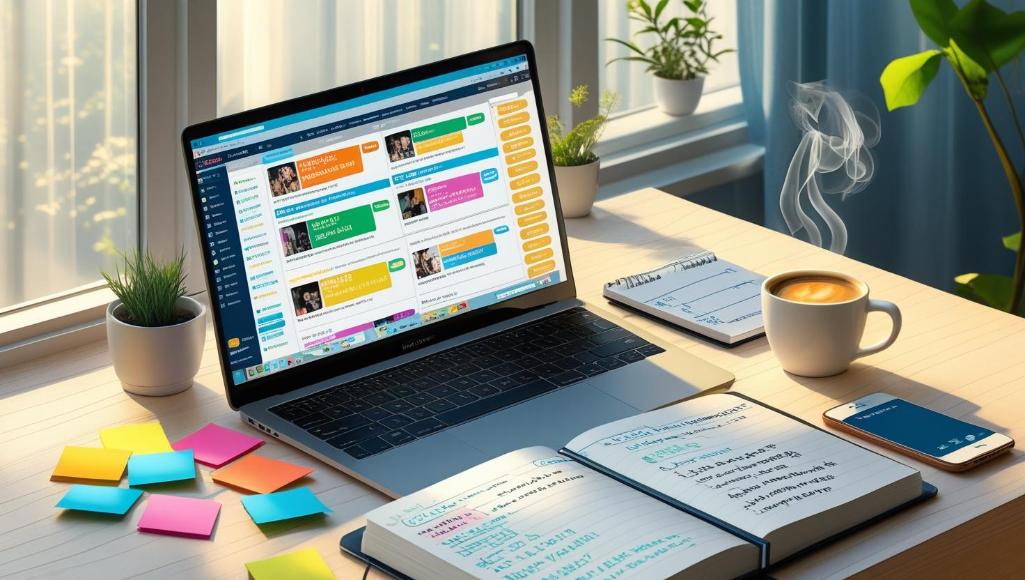 Event planner desk with laptop showing Korean event websites displayed.